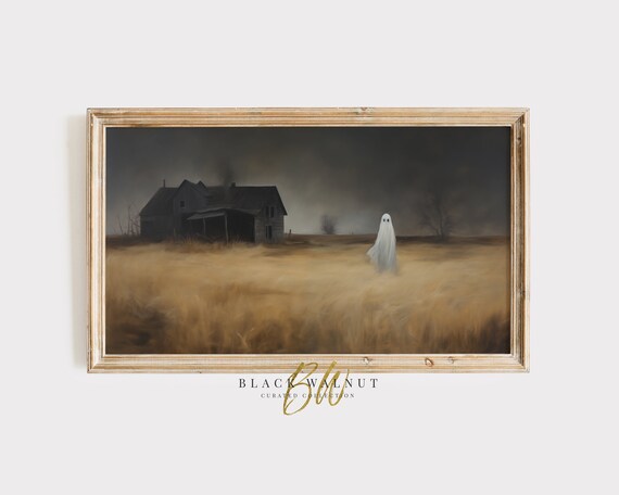 Spooky Ghost by Old Farmhouse in Golden Field Vintage Halloween Poster