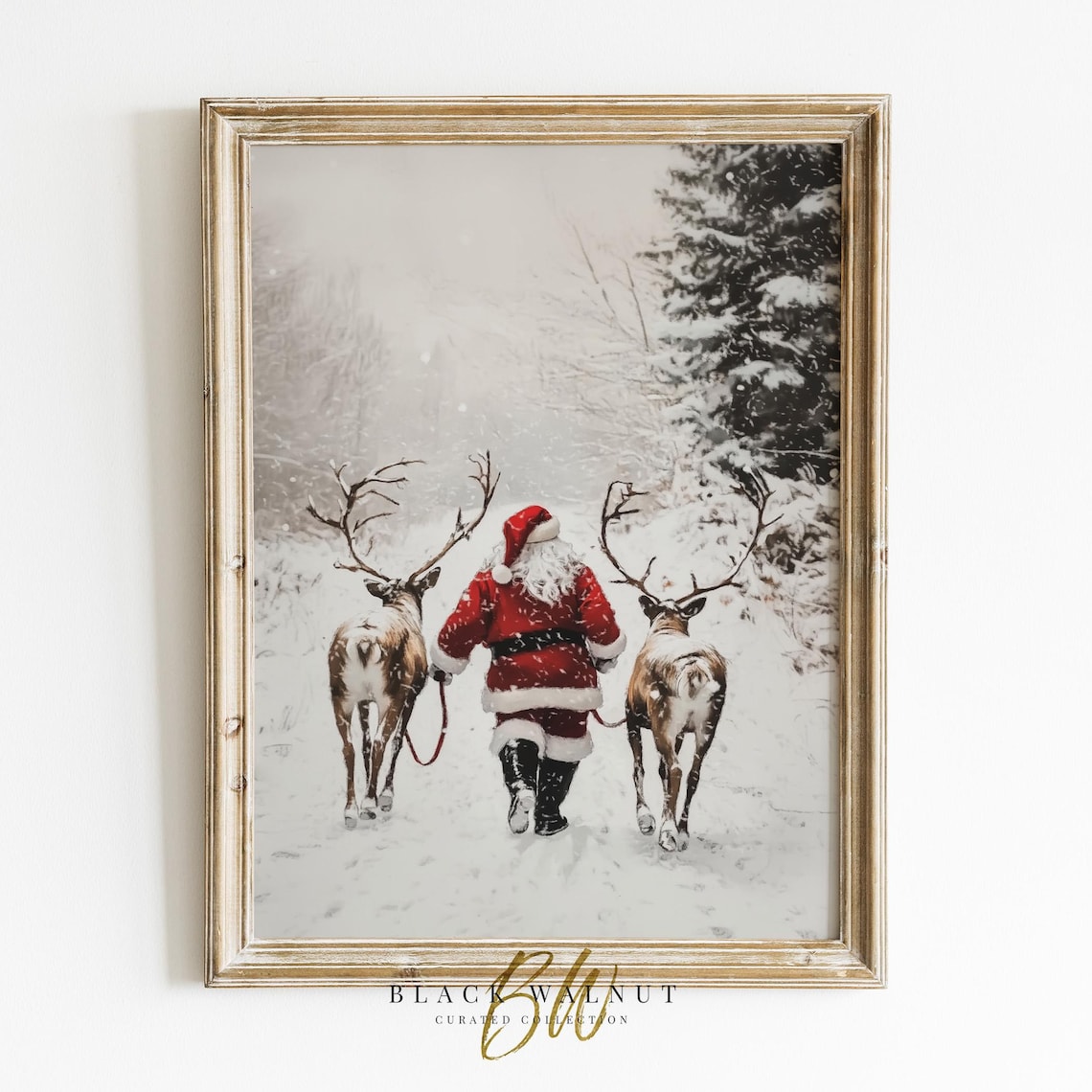 Santa and Reindeer Christmas Wall Art Print