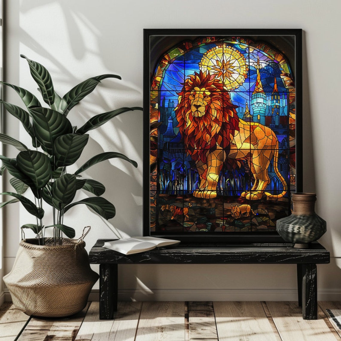 Stained Glass Lion Before Castle Majestic Golden Window Art Poster - Image 3