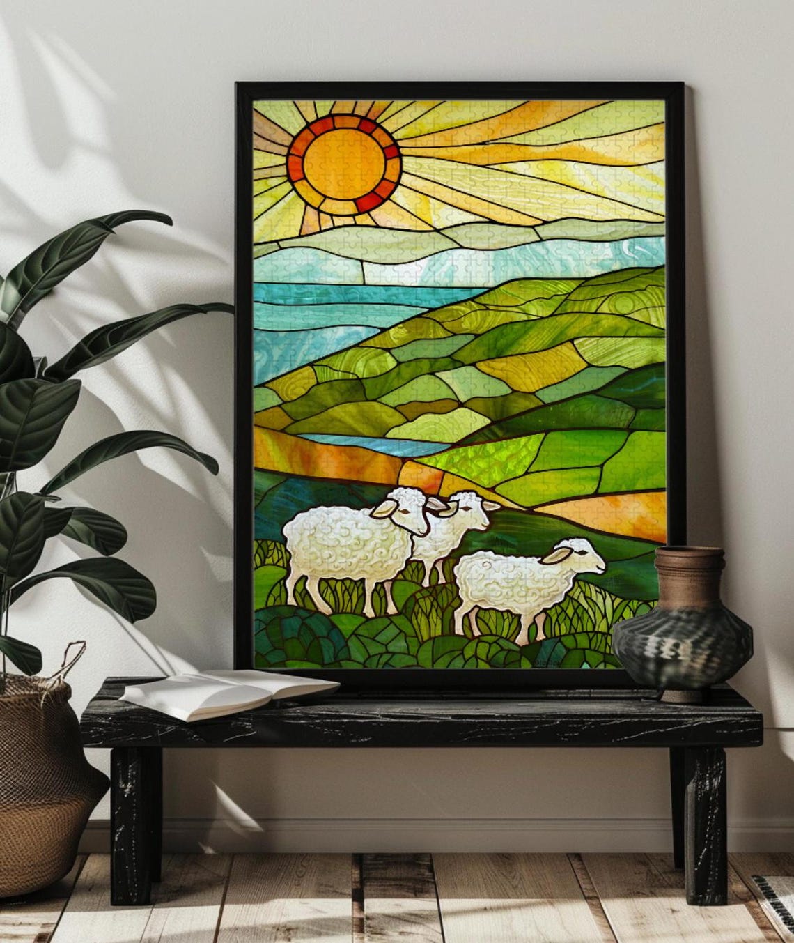 Green Rolling Hills Landscape Sheep Stained Glass Countryside Poster - Image 4