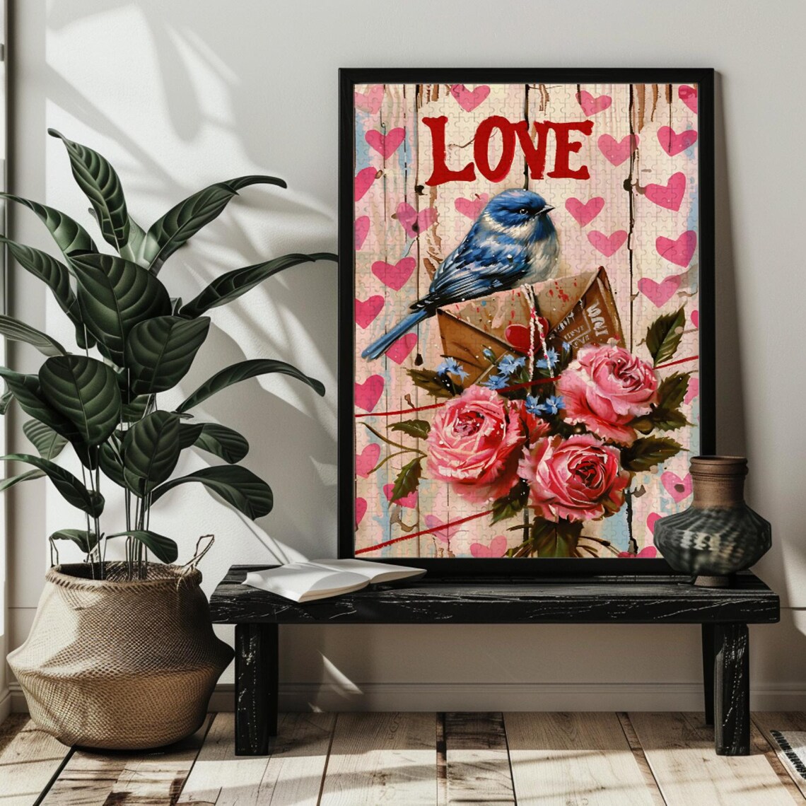 LOVE Sign Bluebird Red Hearts Roses Bouquet Rustic Wood Poster - Image 4