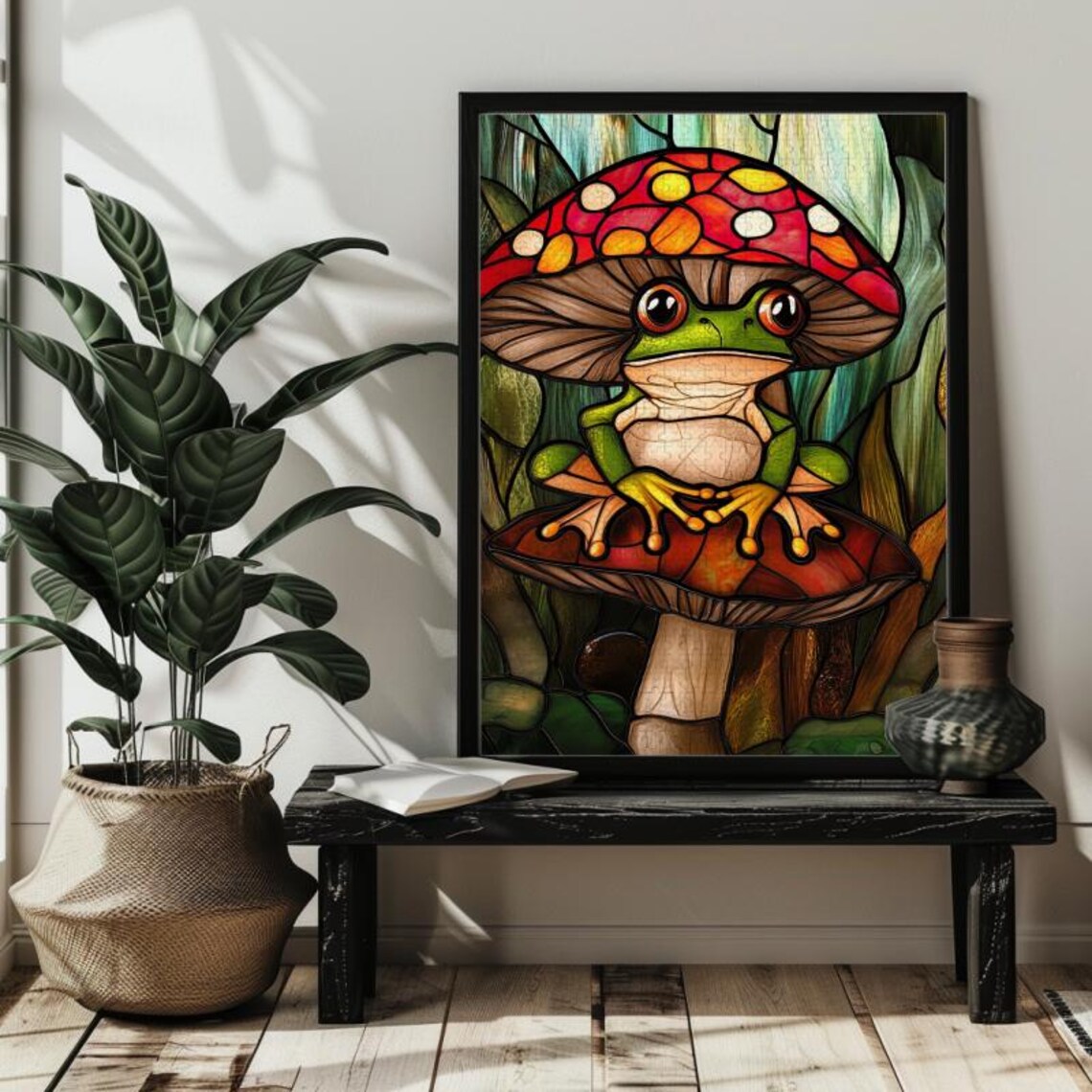 Stained Glass Frog Mushroom Art Puzzle, Green Frog - Image 3