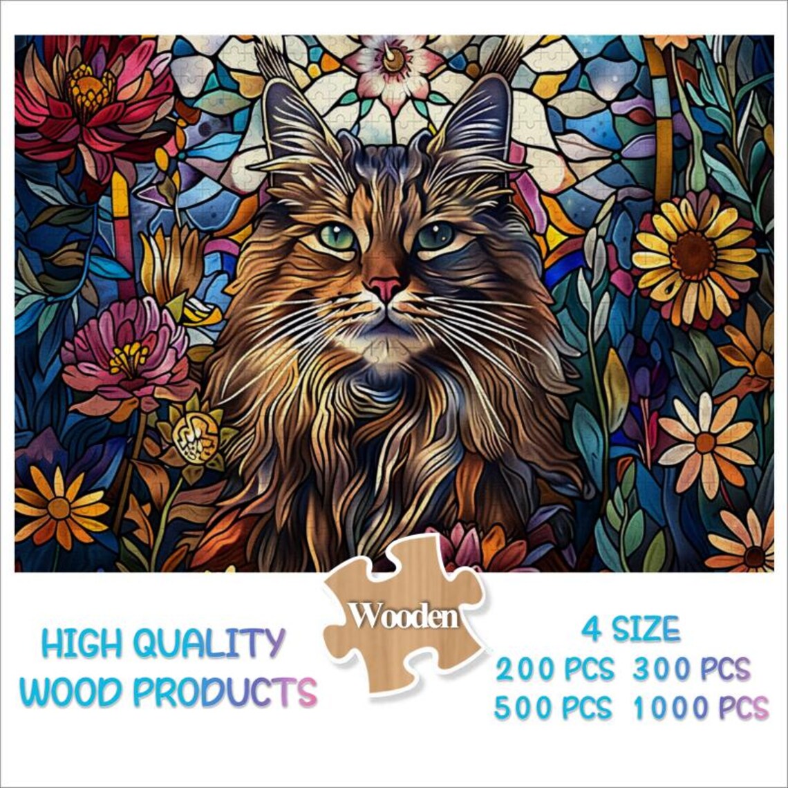 Stained Glass Cat Jigsaw Puzzle, Cat Lover Gift - Image 2