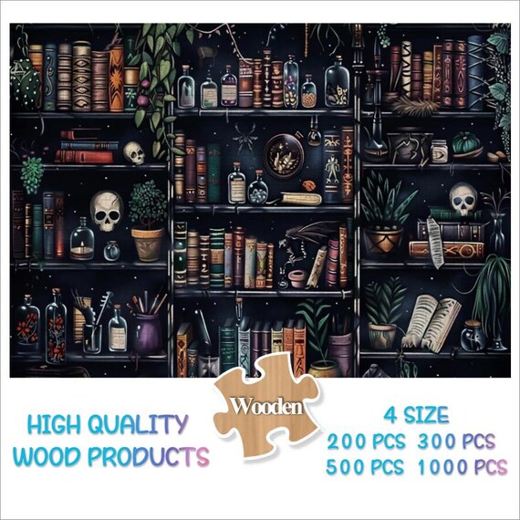 Spooky Halloween Bookshelf with Spell Bottles and Skulls Poster