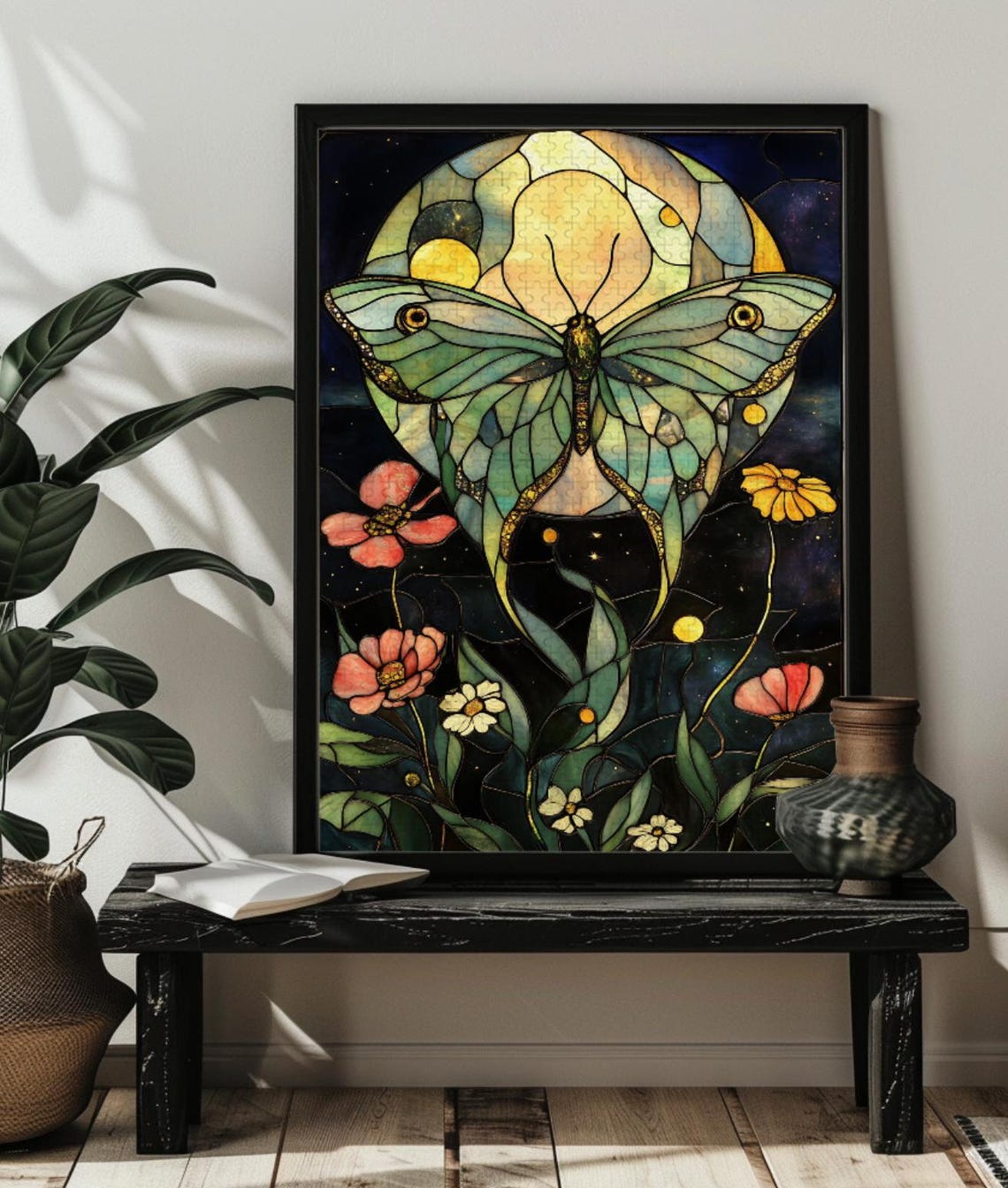 Stained Glass Luna Moth with Full Moon and Wildflowers Poster