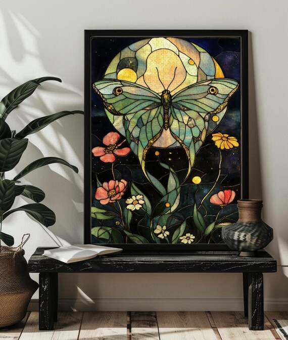 Stained Glass Luna Moth with Full Moon and Wildflowers Poster