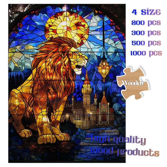 Stained Glass Lion Before Castle Majestic Golden Window Art Poster