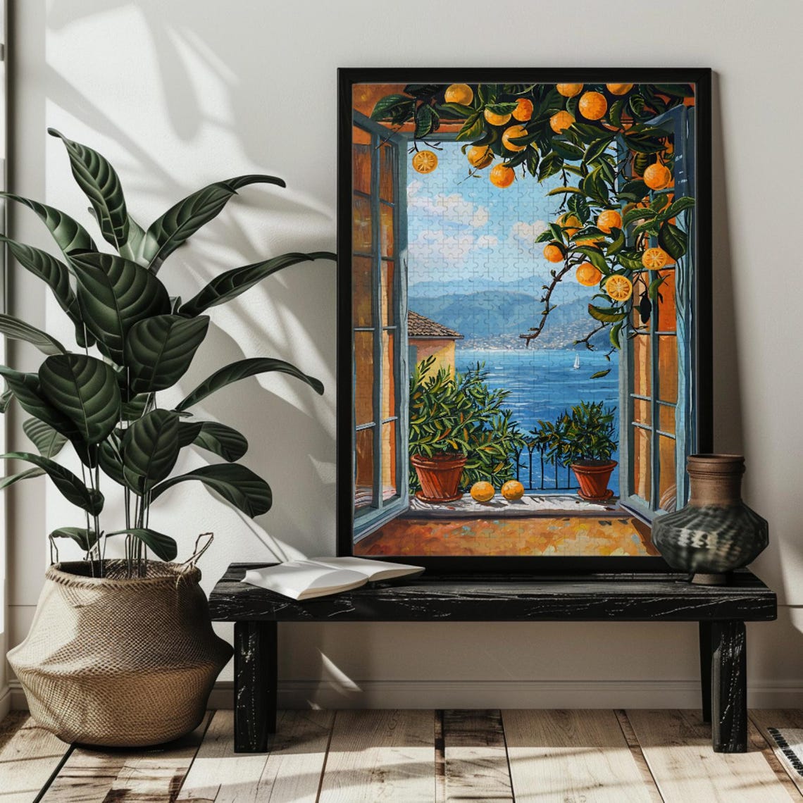 Open Window Overlooking a Mediterranean Lakeside Town Poster - Image 3