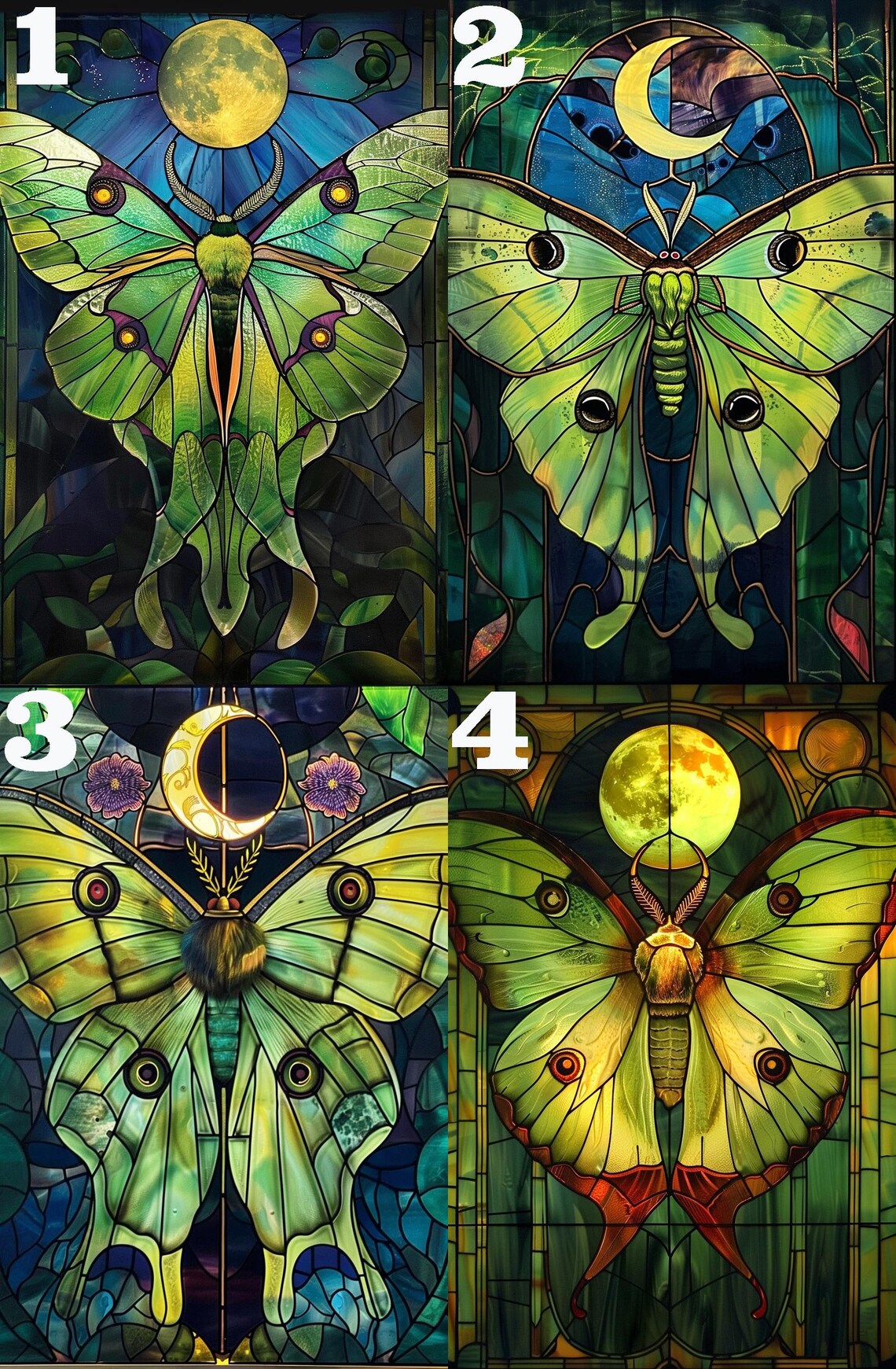 Stained Glass Luna Moth with Full Moon and Wildflowers Poster - Image 4