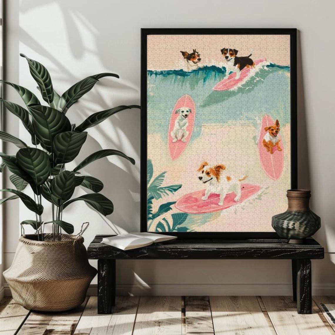 Cute Happy Dogs Surfing Pink Surfboards on a Beach Wave Poster - Image 4