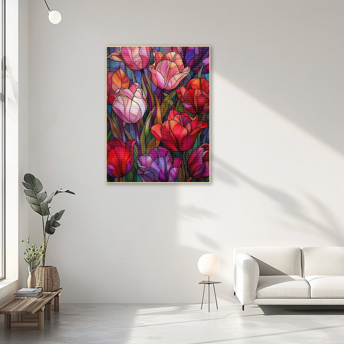 Vibrant Stained Glass Tulip Bouquet Purple Red Orange Bloom Poster - Image 2