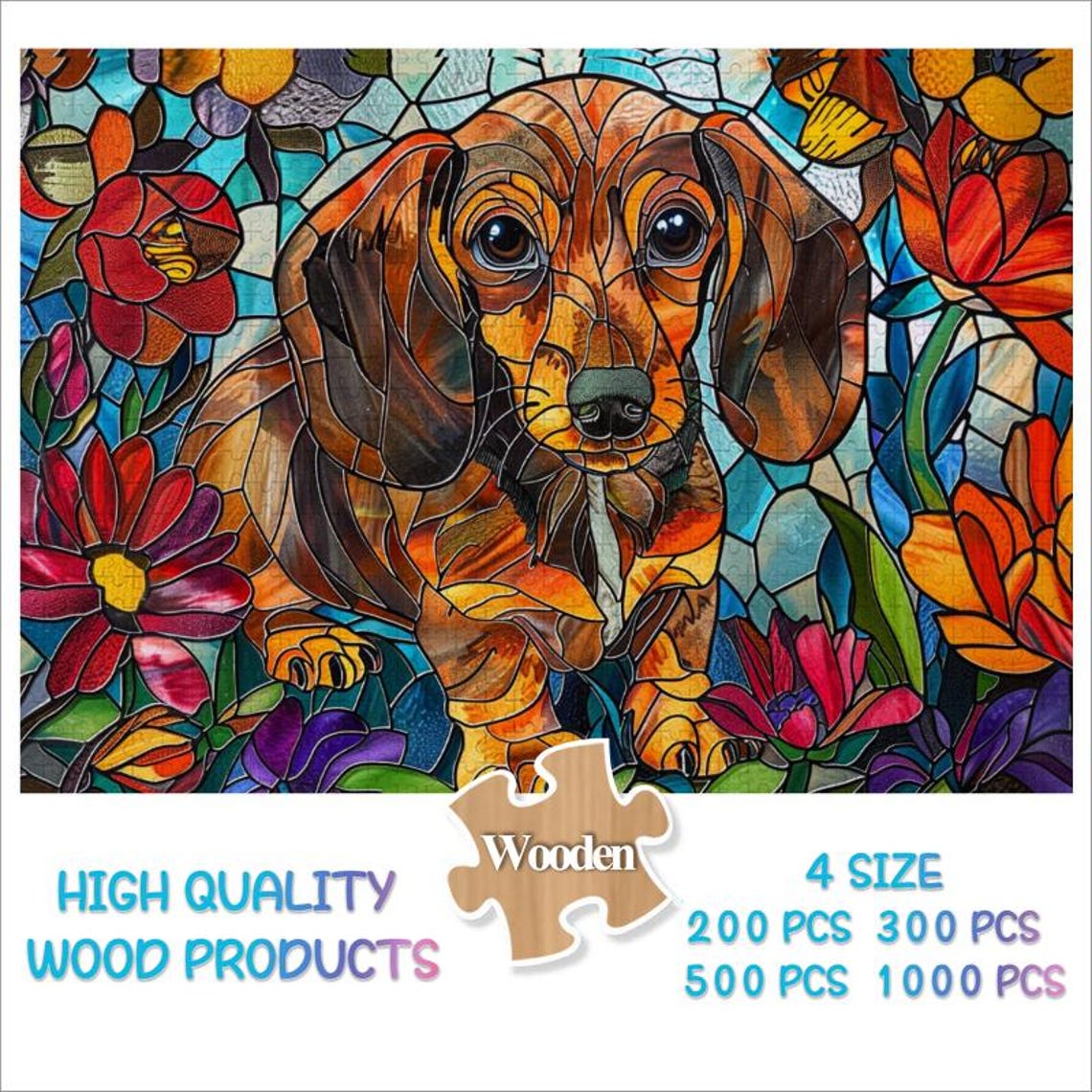 Stained Glass Dachshund Portrait with Colorful Flowers Poster - Image 4