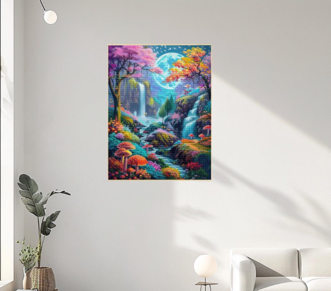 Magical Moonlit Forest with Waterfalls Diamond Painting Poster