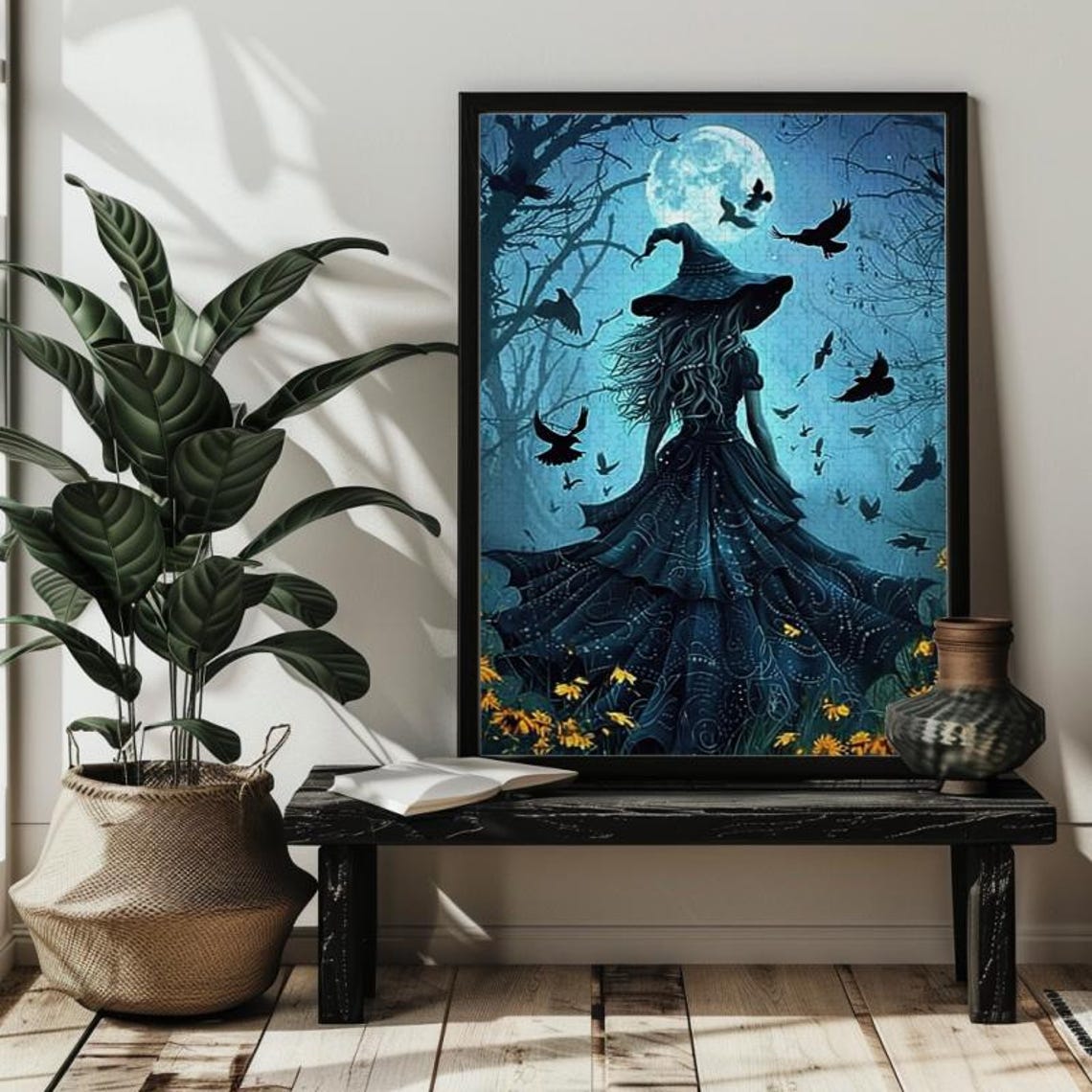 Moonlit Witch in the Forest Ravens Blue Magic Night Art Poster - Image 2