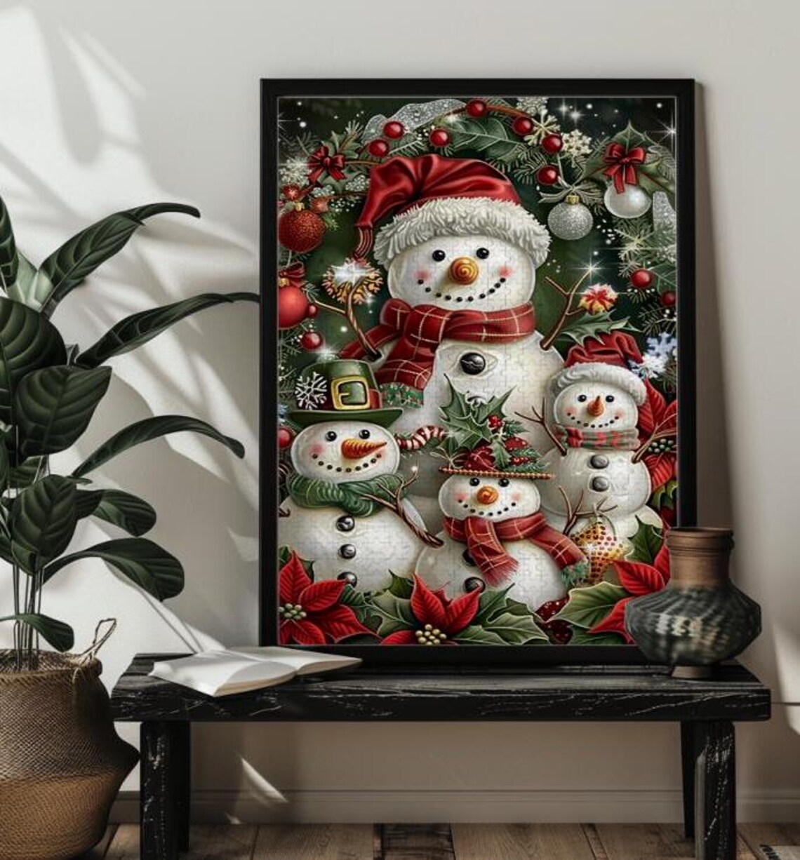 Happy Snowman Family with Poinsettias for Christmas Holiday Poster