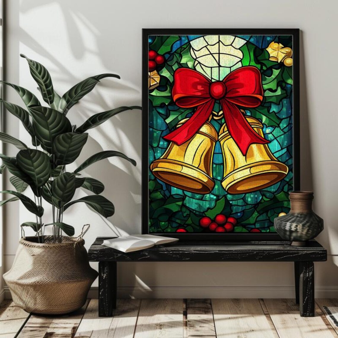 Christmas Bells With Red Bow Holly Stained Glass Style Art Poster - Image 2