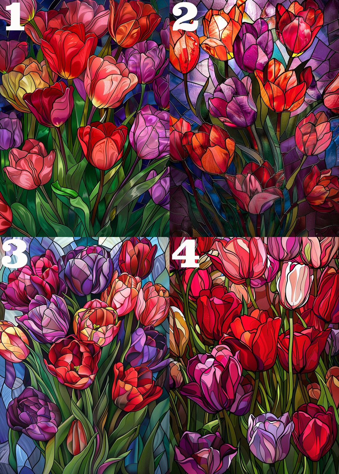 Vibrant Stained Glass Tulip Bouquet Purple Red Orange Bloom Poster - Image 4