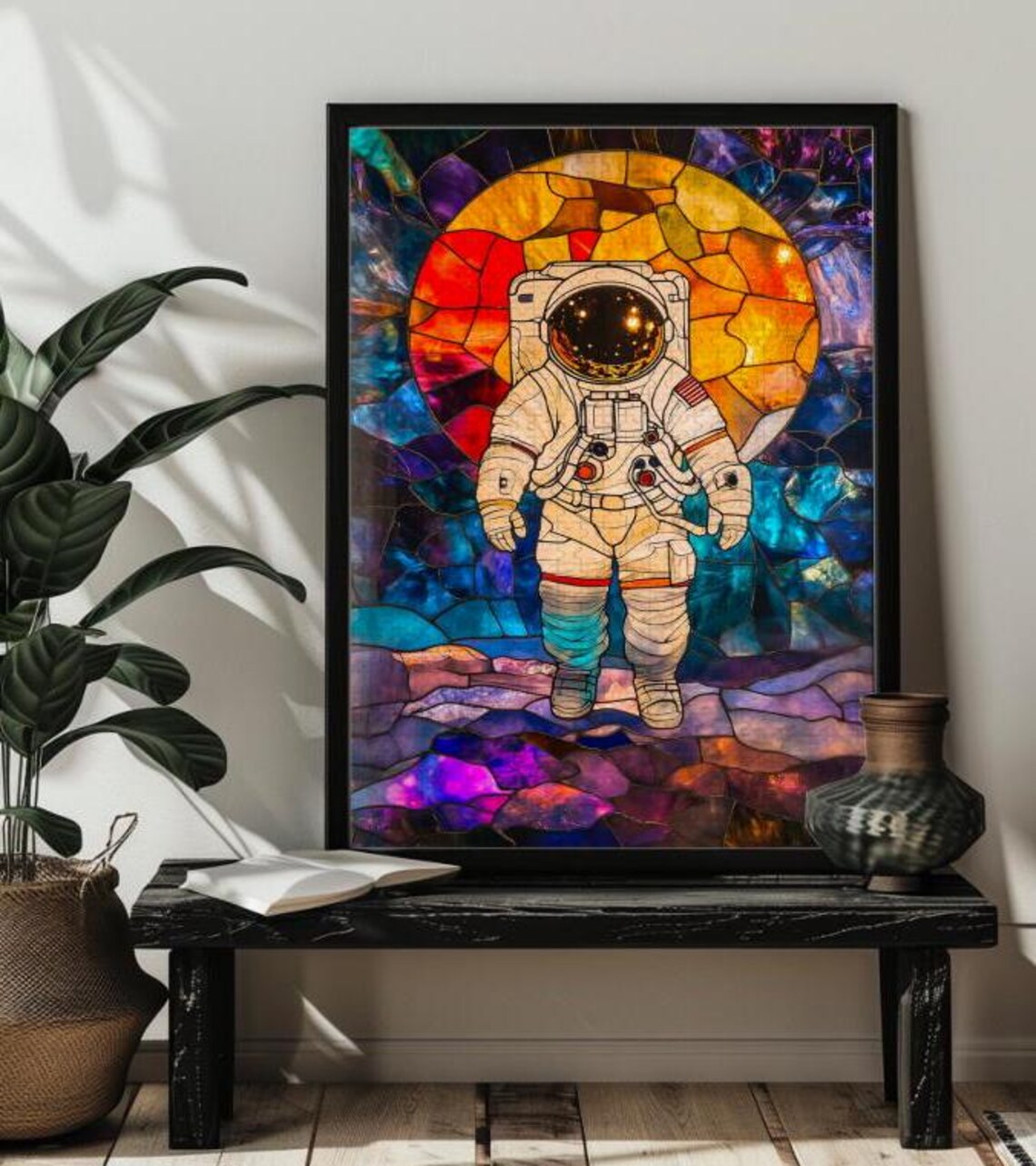 Astronaut Walking on the Moon Fiery Sun Stained Glass Poster