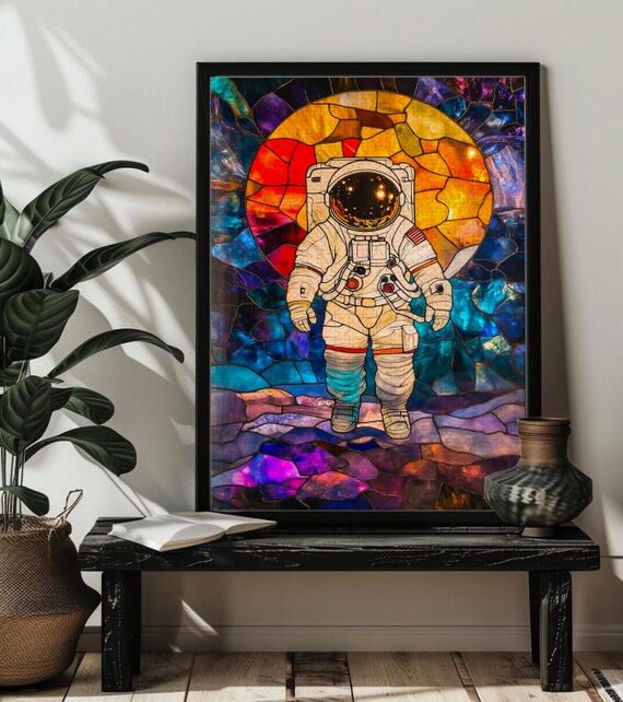 Astronaut Walking on the Moon Fiery Sun Stained Glass Poster