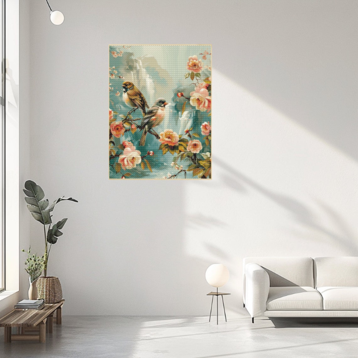 Pair Of Songbirds On Blossom Branch Waterfall Spring Art Poster - Image 3