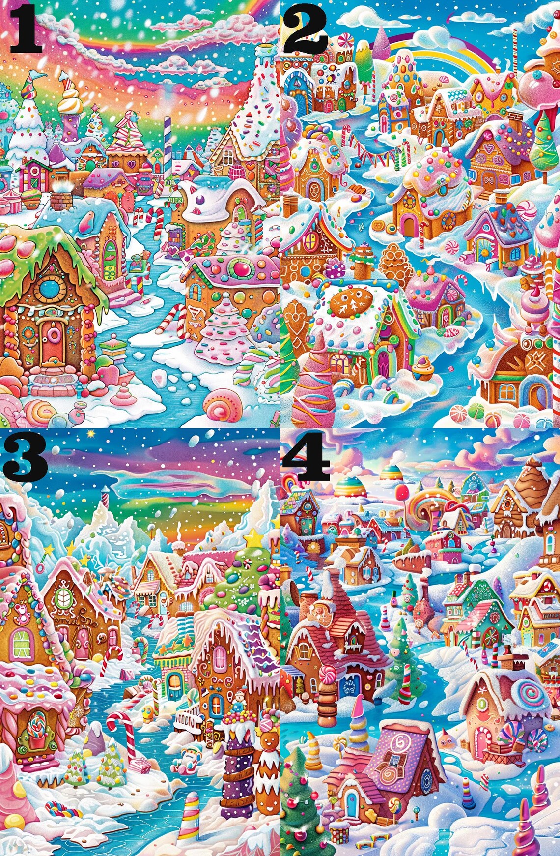 Pink Christmas Village Cottages Snowy Night Whimsical Poster - Image 4