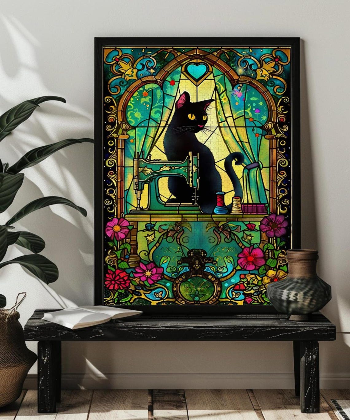 Black Cat Sitting at a Vintage Sewing Machine Stained Glass Poster