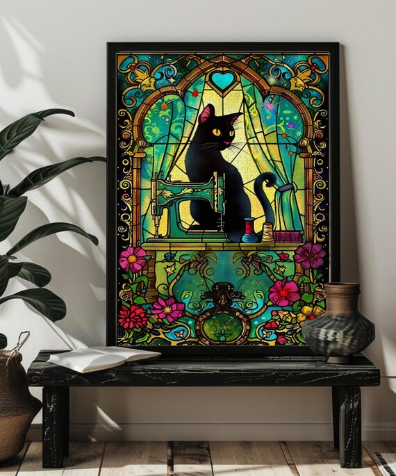 Black Cat Sitting at a Vintage Sewing Machine Stained Glass Poster