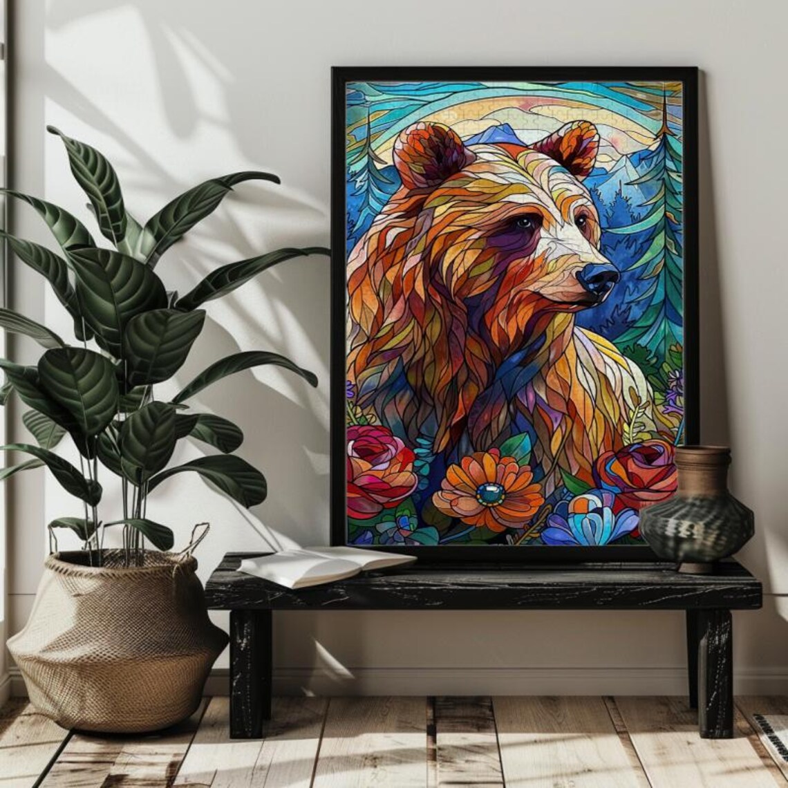 Stained Glass Bear Jigsaw Puzzle, Mountain Landscape - Image 2