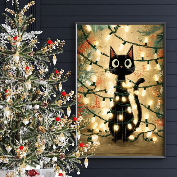 Black Christmas Cat With Glowing String Lights Holiday Poster
