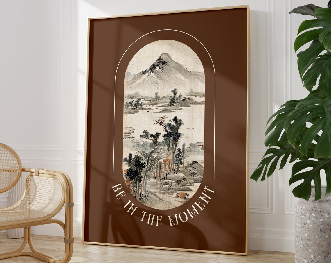 Be In The Moment Japanese Mountain Brown Zen Landscape Art Poster - Image 2