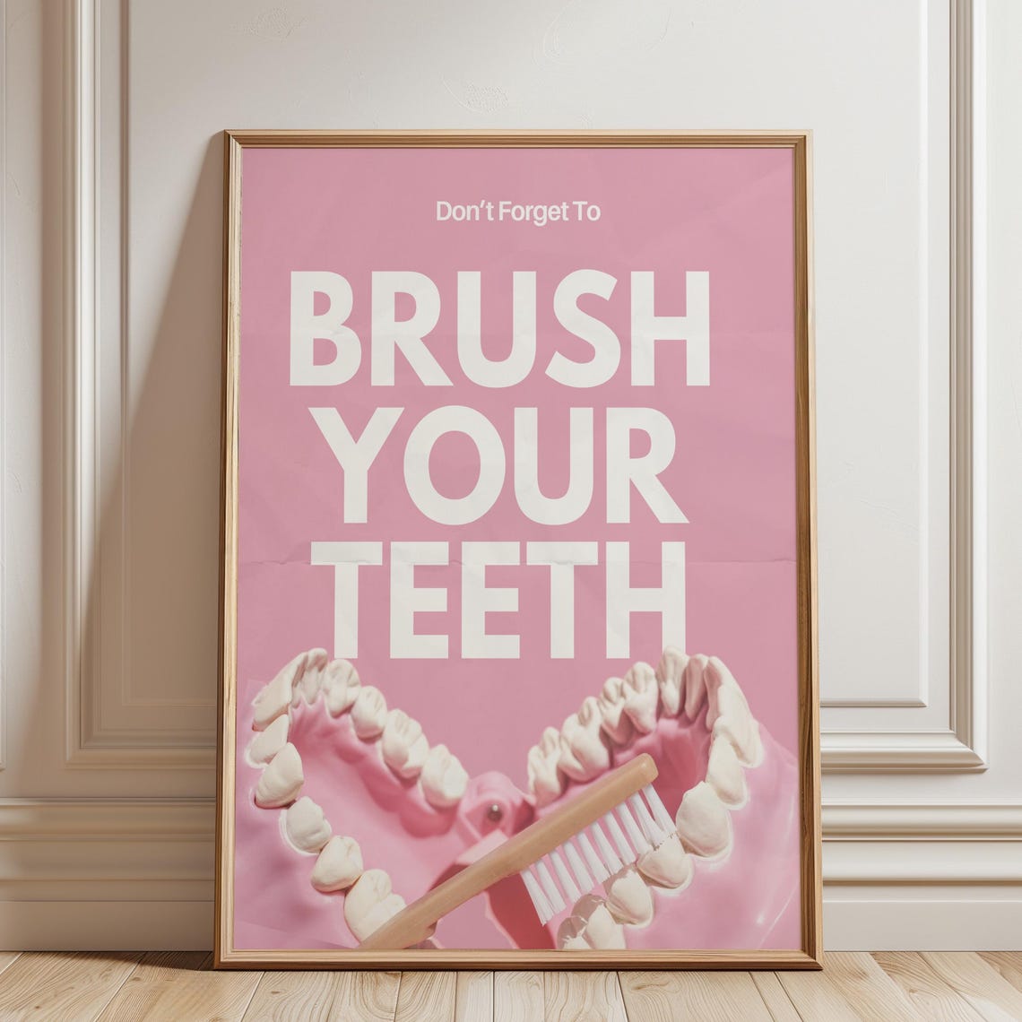 Brush Your Teeth Bathroom Decor Pink Room Dentist Prints Dental Hygiene Wall Art Skeleton Toothbrush Print