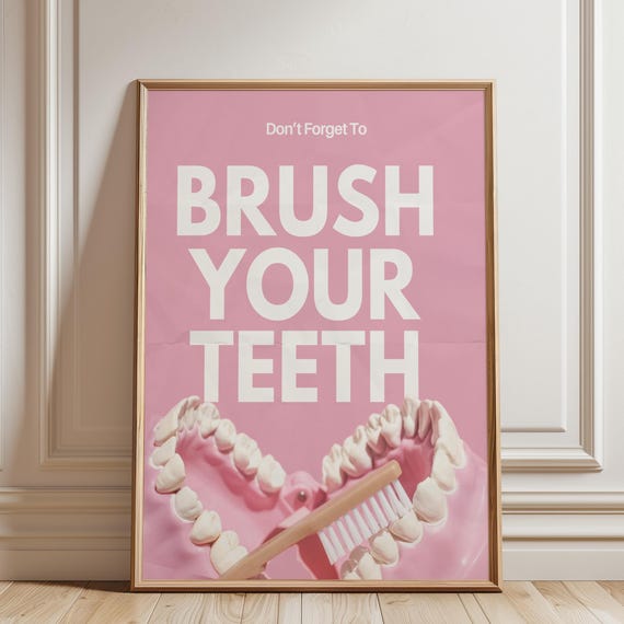 Brush Your Teeth Bathroom Decor Pink Room Dentist Prints Dental Hygiene Wall Art Skeleton Toothbrush Print