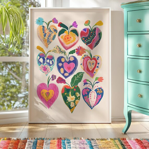 Colorful Abstract Heart Print Wall Art For Girls Room Eclectic Folk Hearts Poster