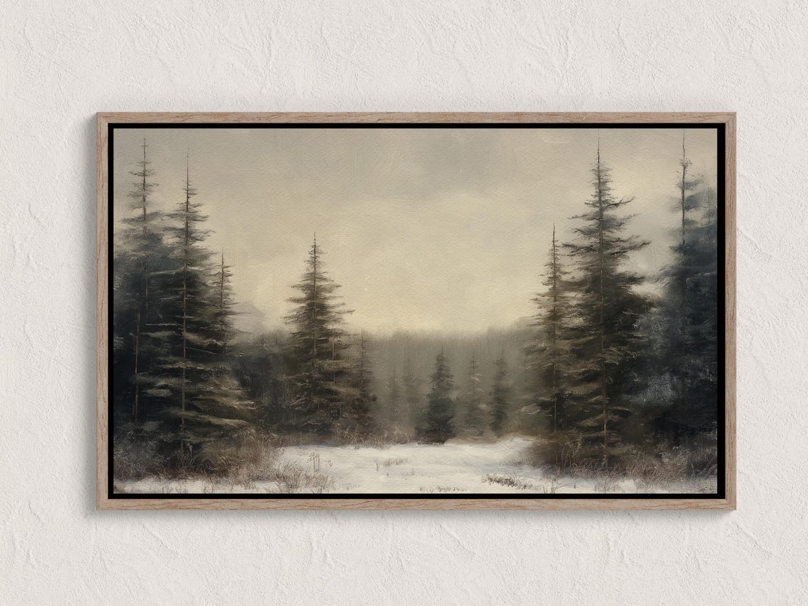 Winter Pine Forest Snowy Landscape Moody Evergreen Trees Art Poster