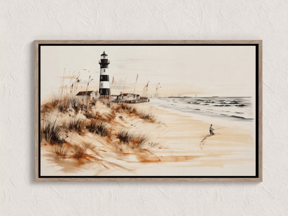 Beach With Lighthouse Art Print Wall Decor Tall Grass Sand Dunes House Artwork Coastal Scene