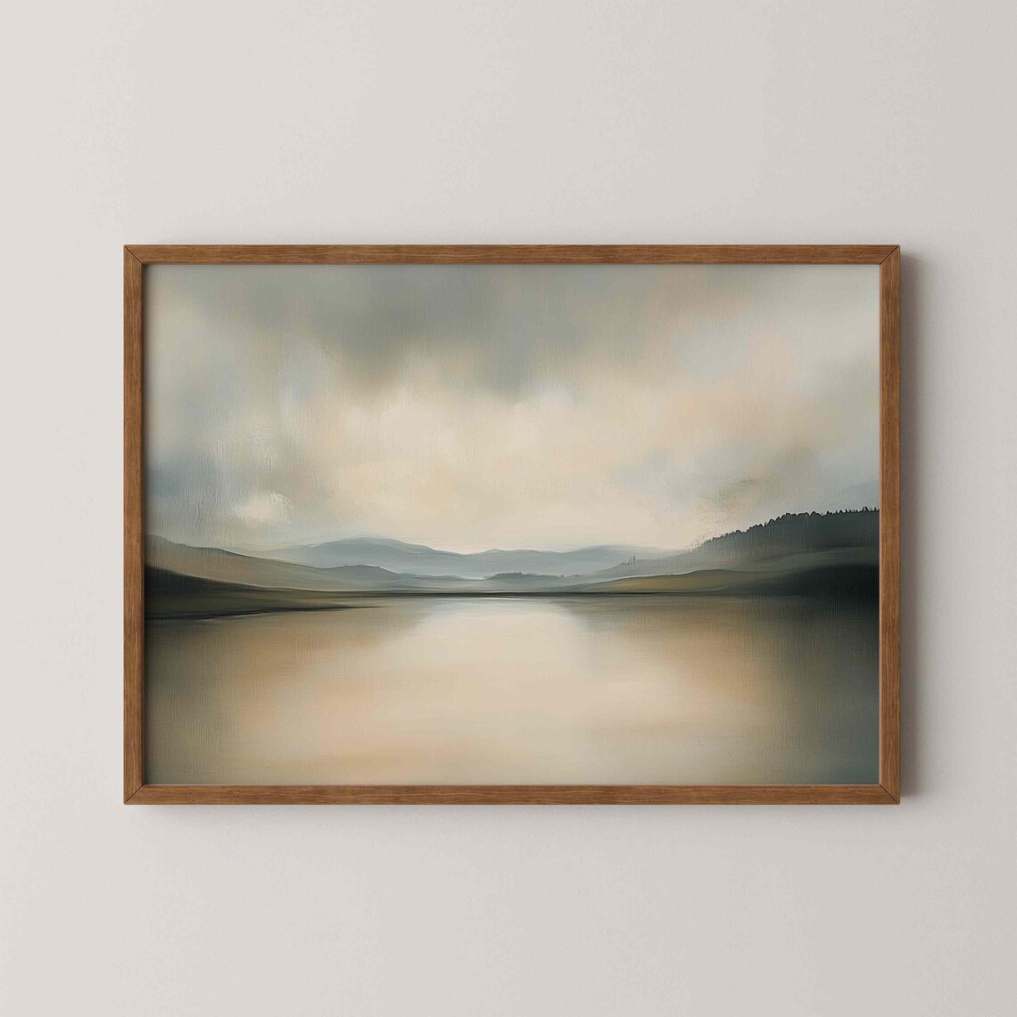 Minimalist Landscape Print Neutral Tones Wall Art Lake Reflection Painting Abstract Mountain Artwork Nature Decor