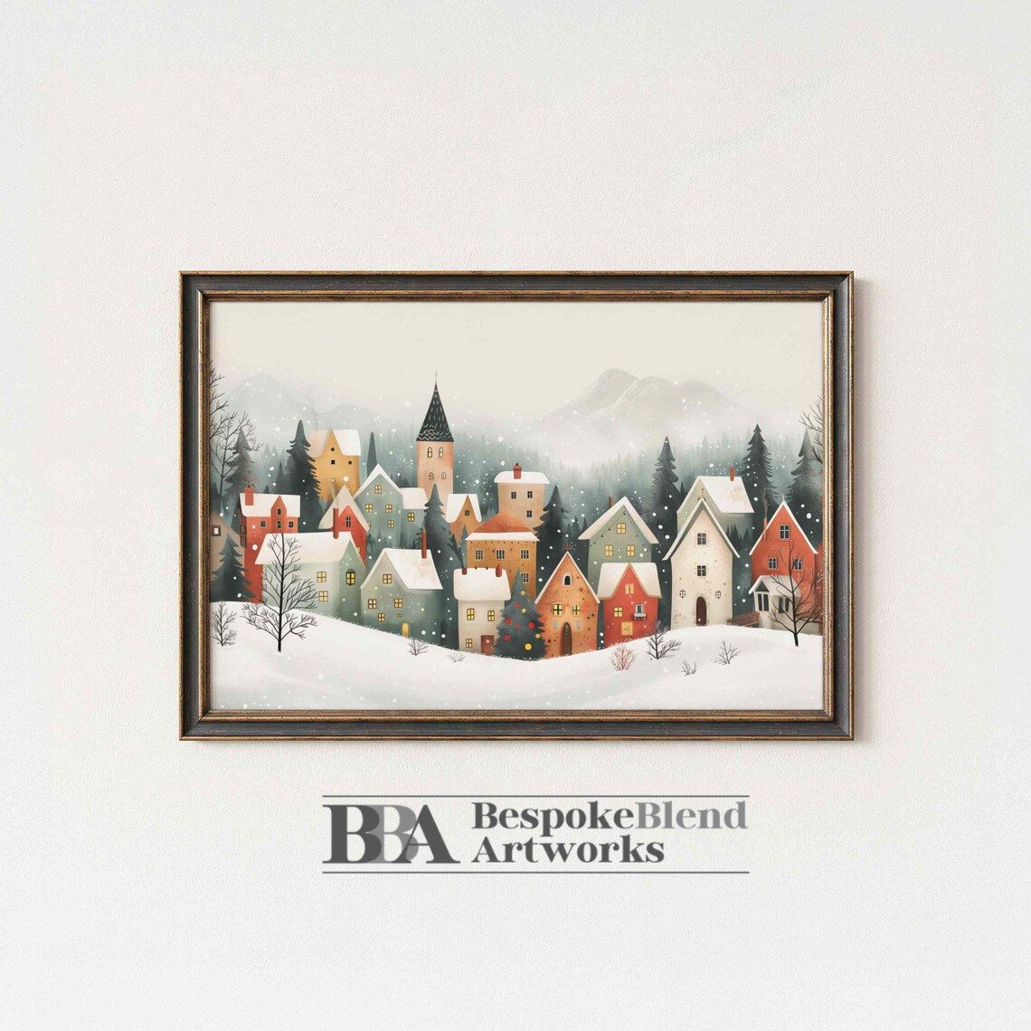 Snowy Christmas Village Holiday Town Church Steeple Winter Scene Poster