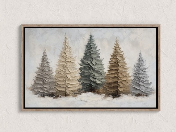 Muted Winter Pine Trees Snowy Impasto Painting Rustic Landscape Poster