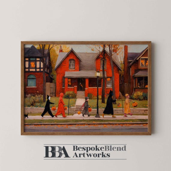 Trickortreat Halloween Wall Art Vintage Kids In Costumes Painting With Jackolanterns Red Brick Homes And Fall Decor