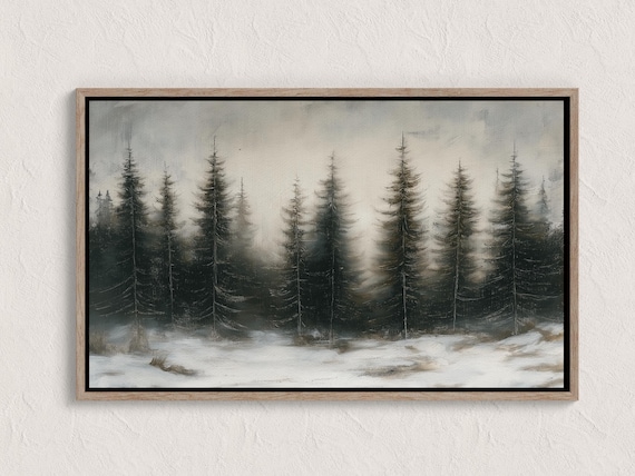 Dark Moody Pine Forest Winter Snow Monochrome Painting Wall Art