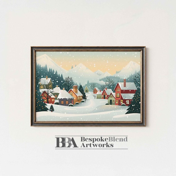 Christmas Mountain Village Poster Snowy Town Artwork With Cozy Holiday Lights Art