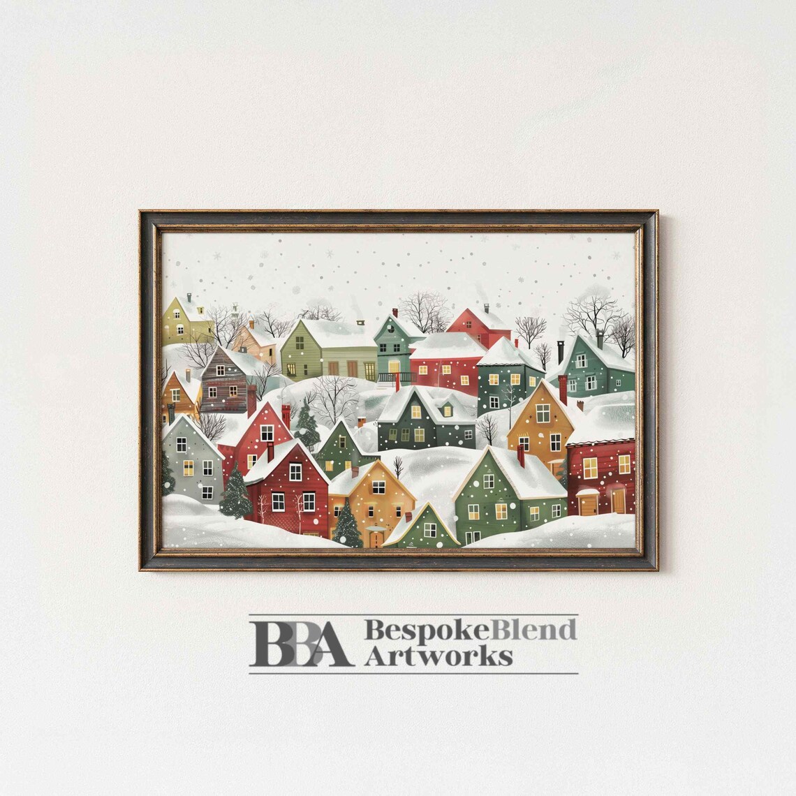 Vintage Winter Village Snowy Christmas Town Cozy Homes Art Poster