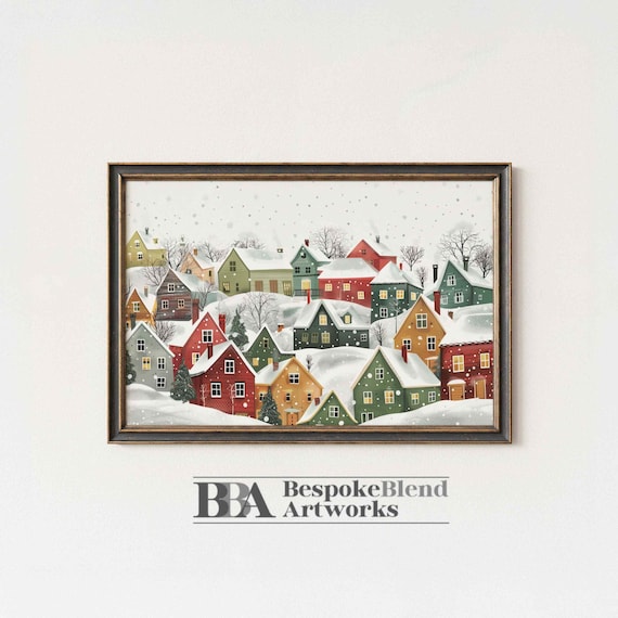 Vintage Winter Village Snowy Christmas Town Cozy Homes Art Poster