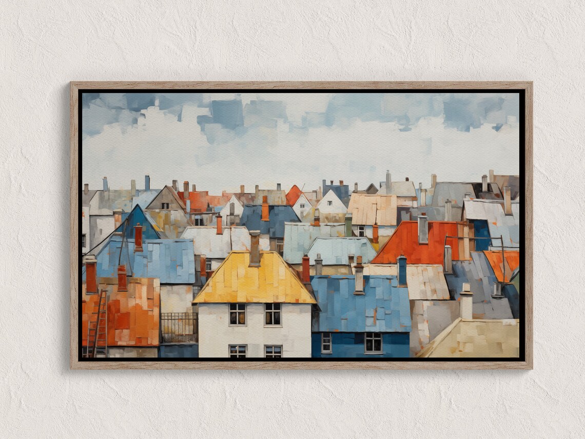 Autumn Rooftops Painting Colorful Old Town Houses Fall Art Poster