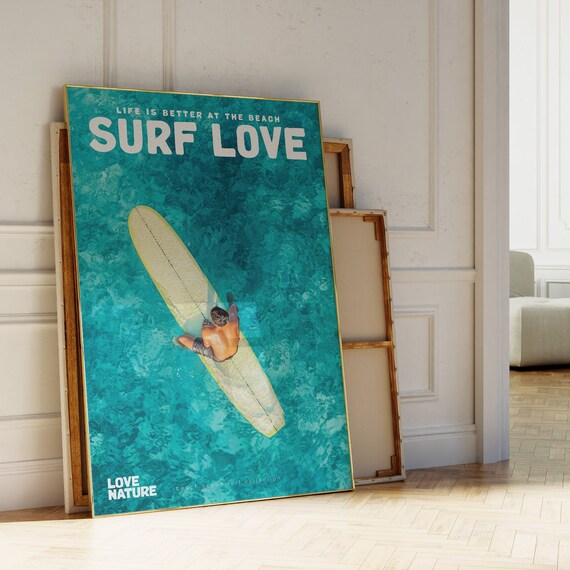 Surf Love Movie Poster And Magazine Cover Style Print Surf Wall Art Blue Coastal Surf Up Poster Ocean Art Print Aesthetic Surfer Gift