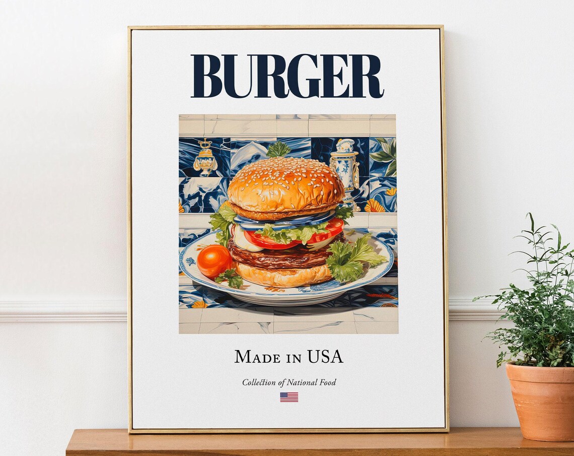 Burger On Maiolica Tile Plate, Kitchen Art Print