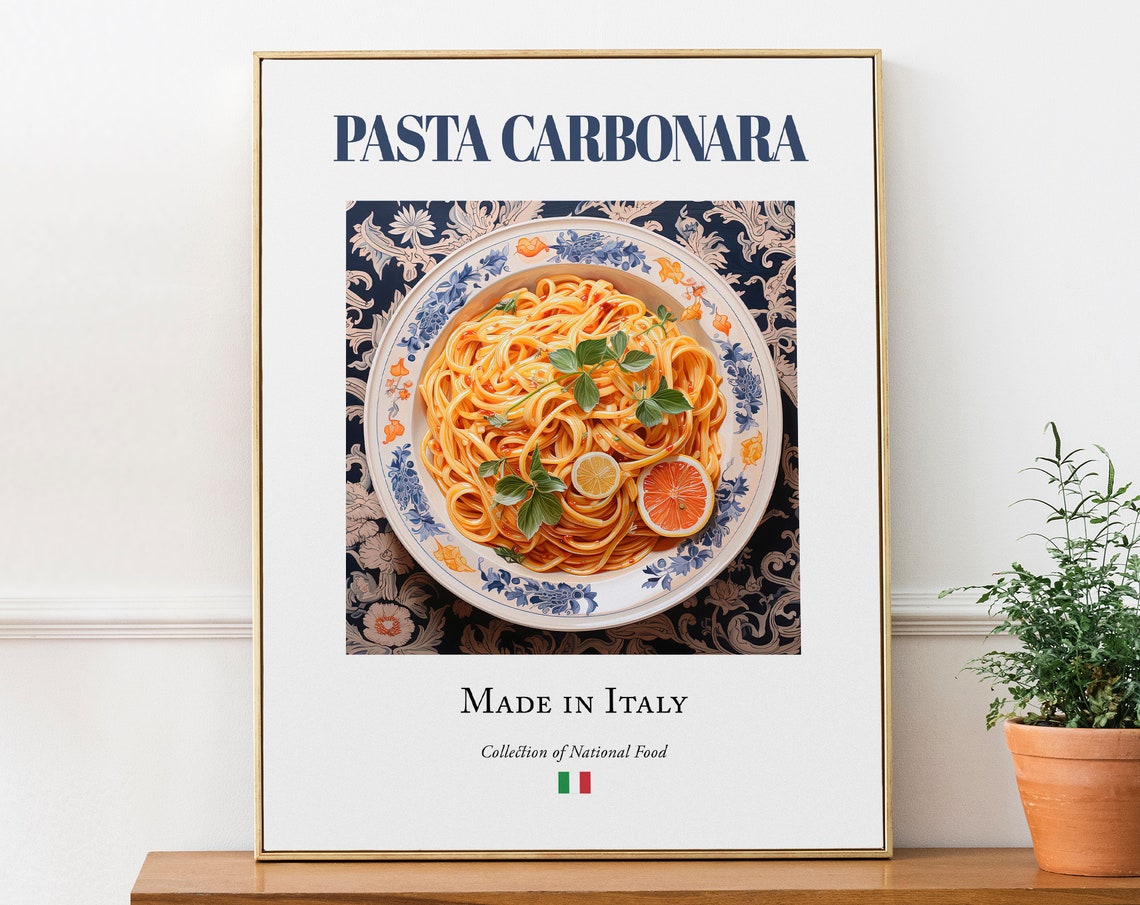 Pasta Carbonara on Maiolica Tile Plate, Art Print