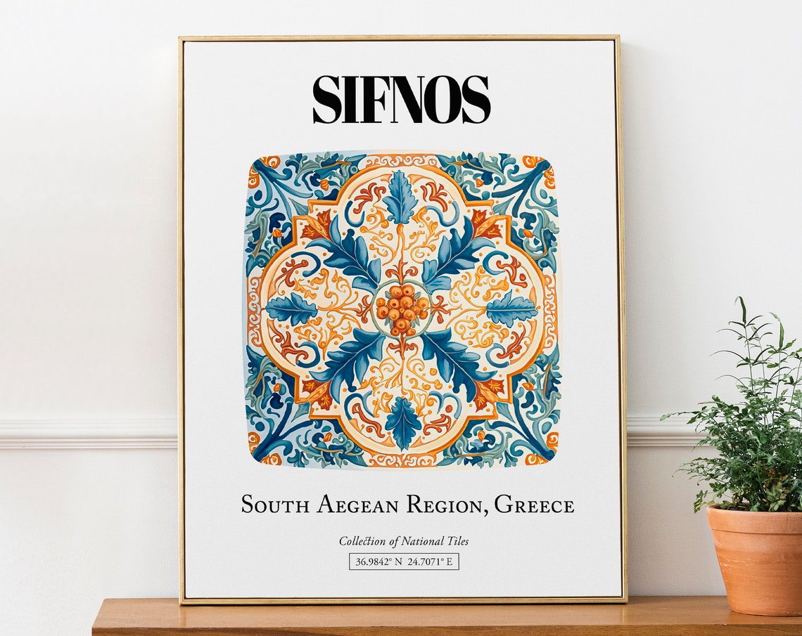 Sifnos Tile Art Poster, Greek Island Charm