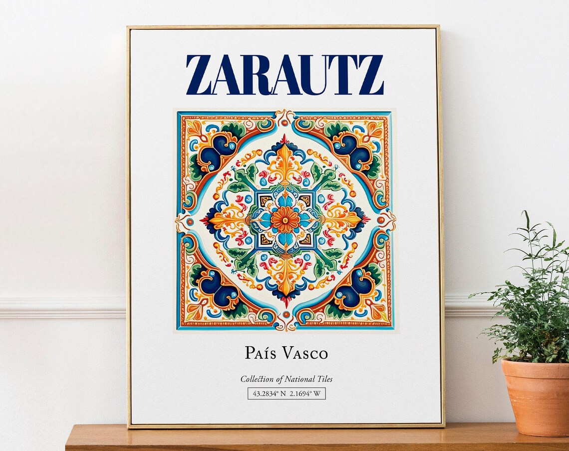 Zarautz, Basque Country Spain Folk Tile Travel Poster