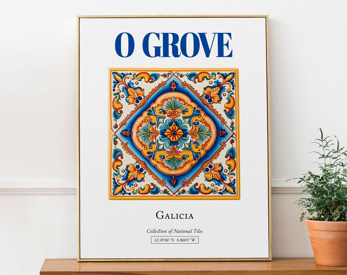 O Grove Galicia Spain Folk Tile Travel Poster